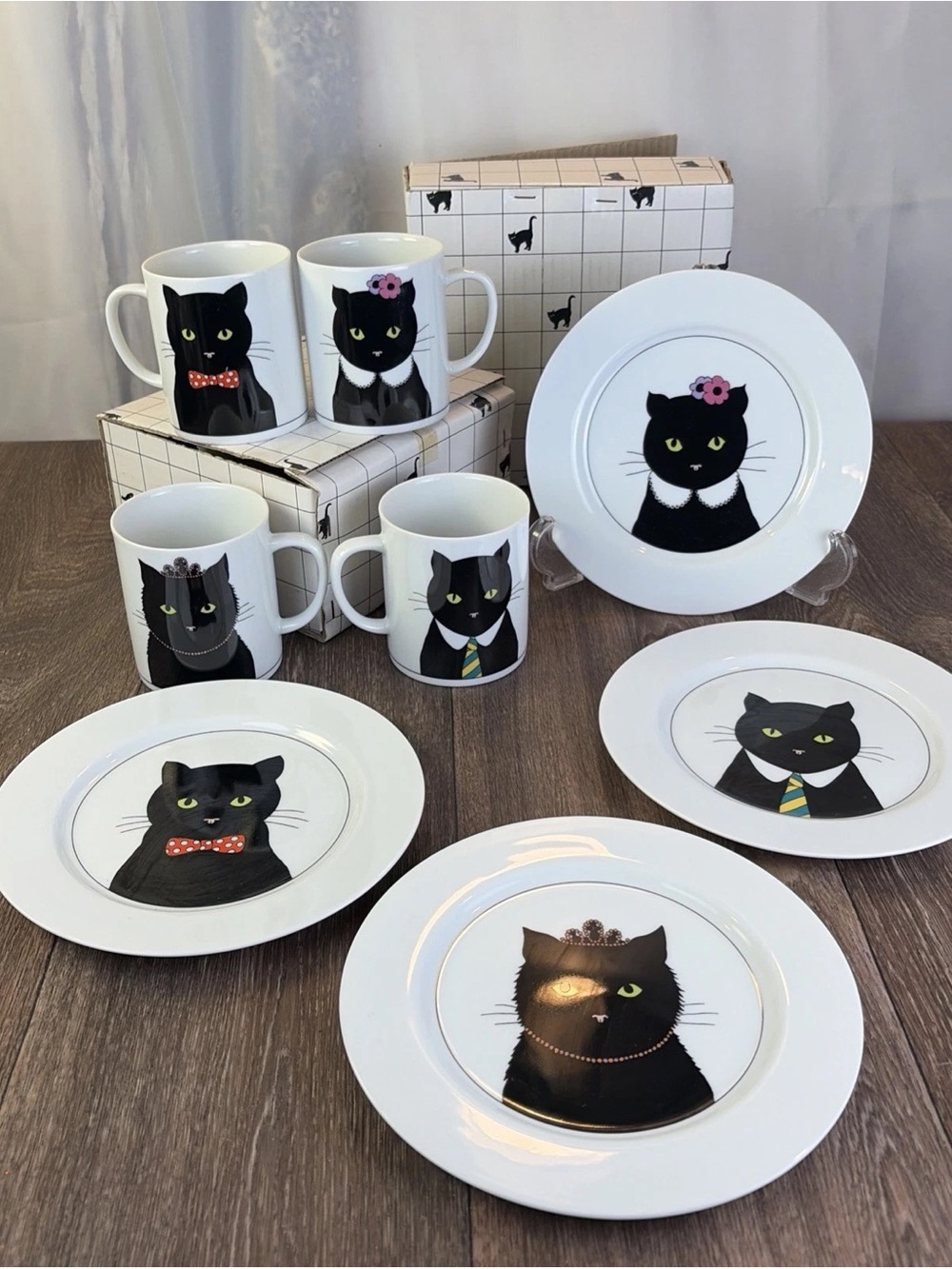 Set of 4 Plates & 4 Mugs Dept 56 Cat's Meow His & Hers Black Cat 7.5" Dessert